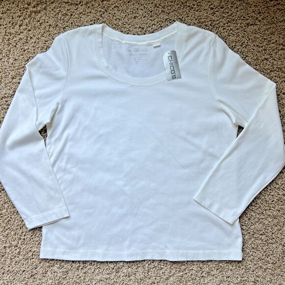 Chicos NWT Long Sleeve Round Neck T Shirt Womens Size 3 White Stretch Classic - Picture 1 of 8